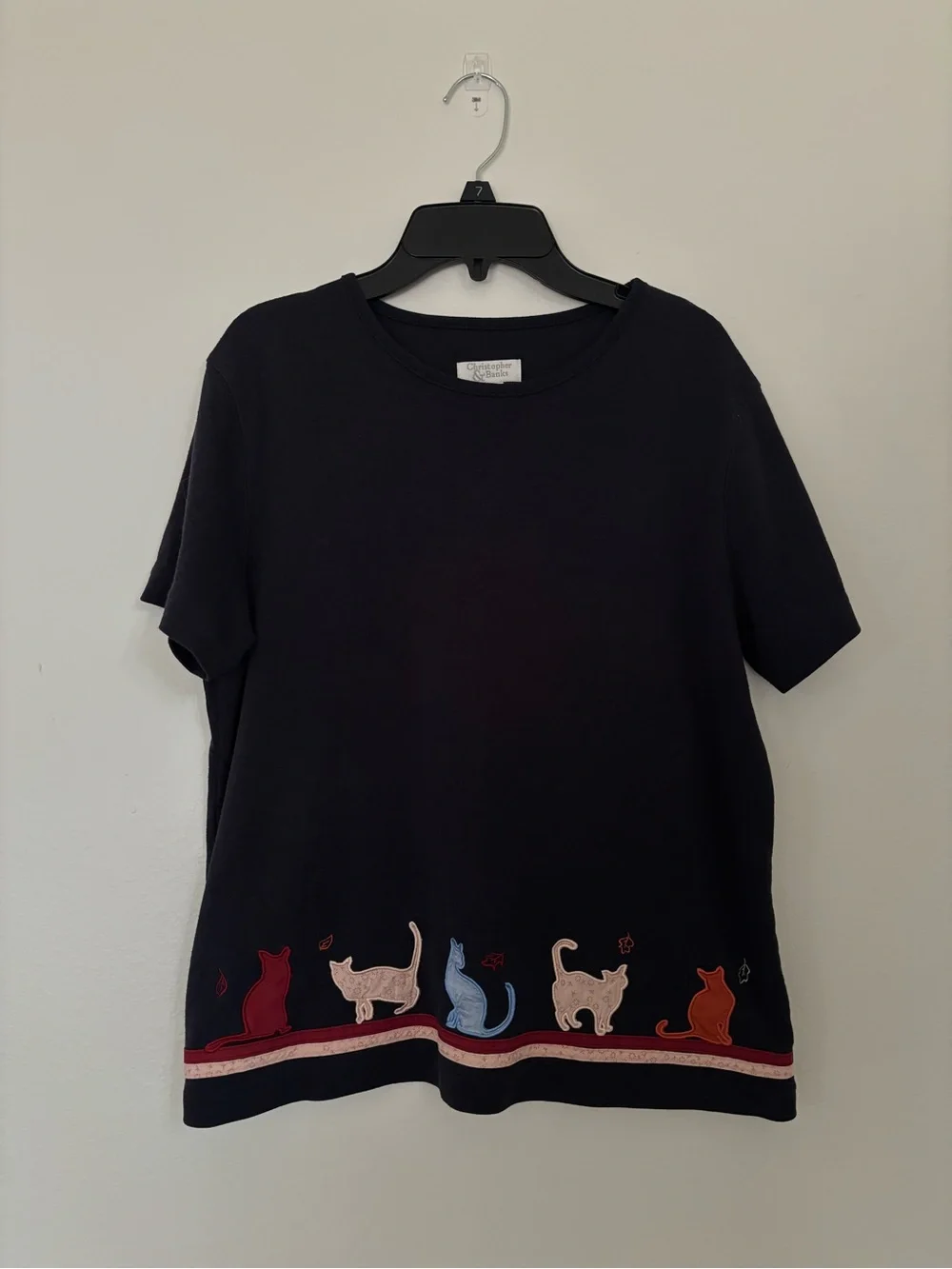 Vintage Christopher & Banks Navy Cat embroidered Tshirt Women’s Size M Grandma